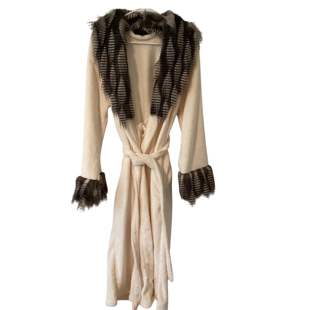 Adrienne Landau‎ Ivory Faux Fur Trim Robe M/L Belted Long Plush Housecoat